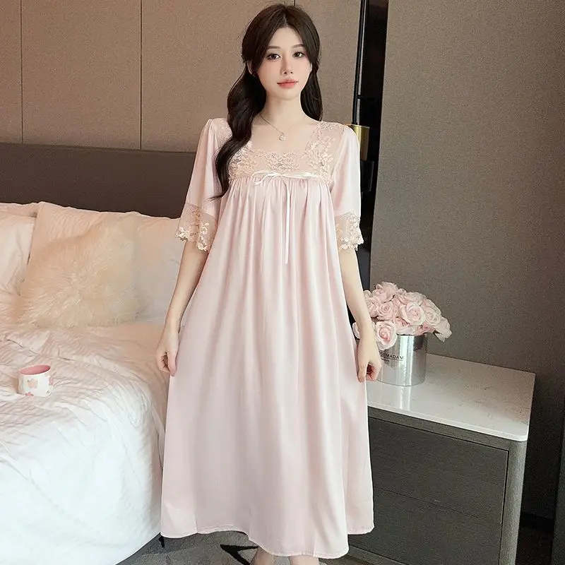 

2025 Summer Short Sleeve Sexy Lace Lingerie Silk Satin Nightgowns for Women Korean Cute Sleepwear Night Dress Nightdress Nighty