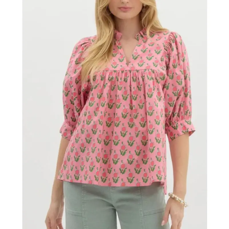 

Combhasaki Women Summer Ruffle Trim V-Neck Aesthetic Floral Print Tunic Blouses Top 3/4 Puff Sleeve Loose Fit Babydoll Shirts
