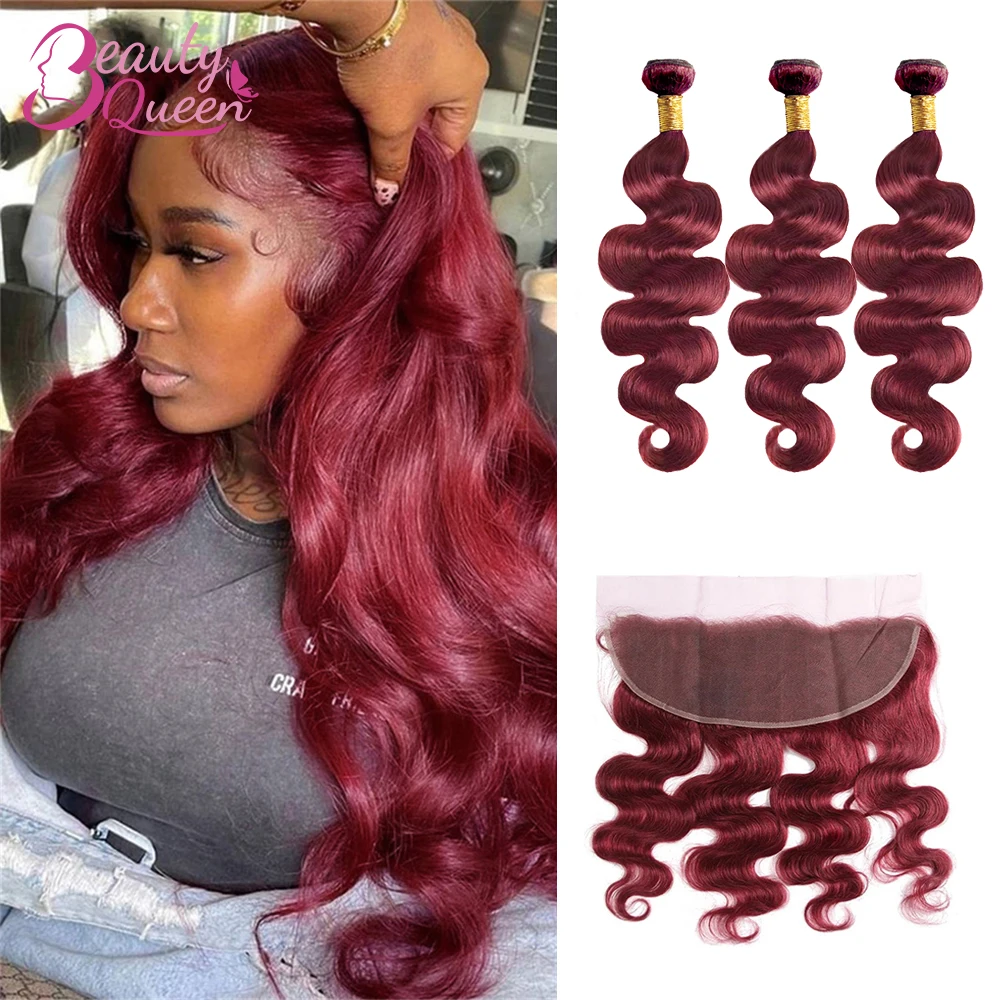 Burgundy Body Wave Bundles With Frontal 13x4 Lace 100% Human Hair Extension Bundles With Closure Colored 99J Human Hair Tissage