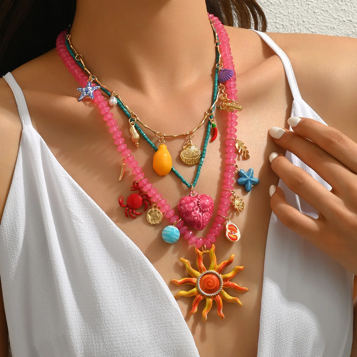 

Bohemia Necklace Beach Vacation Necklace for Women Fashion Shell Starfish Conch Rice Beads Love Crab Heart Charms Necklace Set