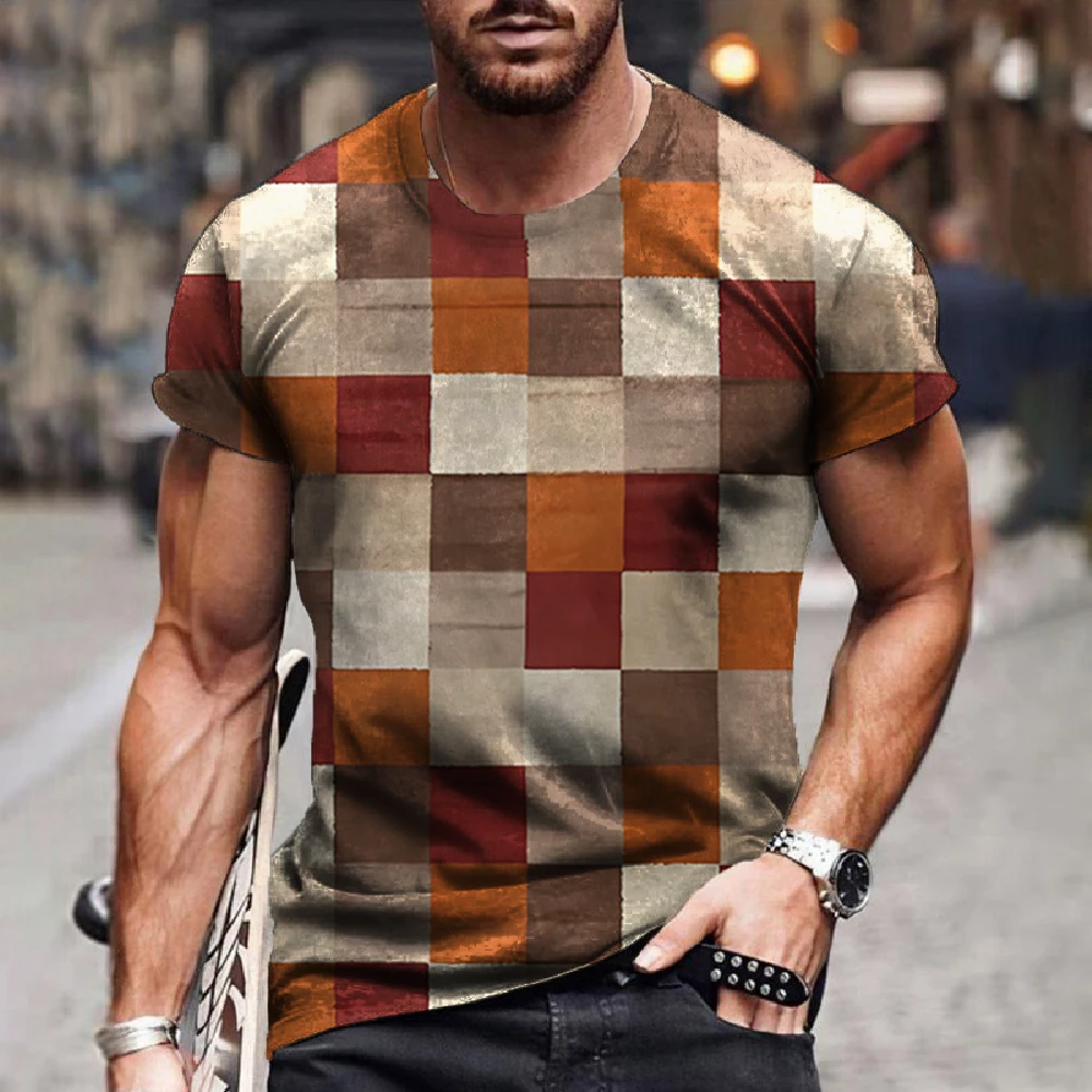Check Stripe Pattern T-shirt 3D Printing T-Shirt for Men Simple Cool Breathable Short Sleeves Trendy Casual Tshirt Oversized top