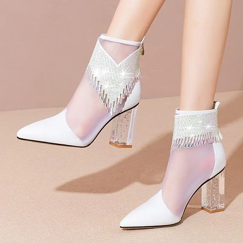 2022 New Women Mesh Sandals Boots,High Heeled Summer Shoes,Fashion Sexy Rhinestone Tassel,Pointed Toe,White,Dropshipping