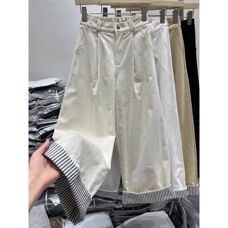 สไตล์เกาหลีลายเปิดขึ้นกุ๊นกางเกงขากว้างหลวมตรงกางเกงลําลองครอป