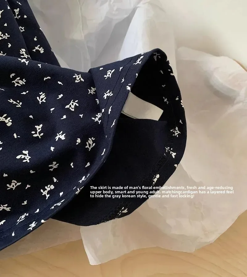 فستان نسائي صغير الحجم مزين بالورود مع سترة منسوجة عادية مجموعة ملابس خريفية للتخسيس غطاء أنيق للإجازات لفصل الربيع #6