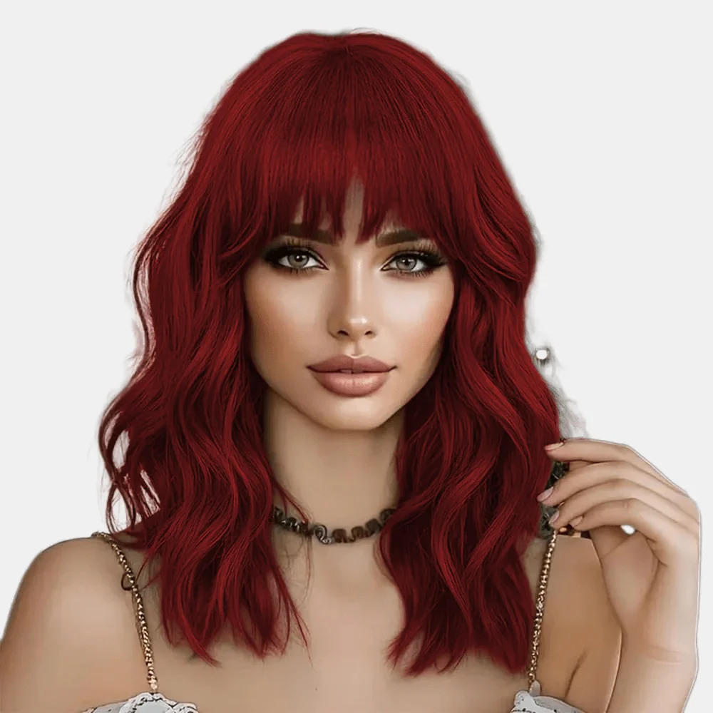 

Красный парик с челкой, реалистичный, натуральный вид, термостойкий, синтетический, для повседневного использования, вечеринок, косплея, 14 дюймов