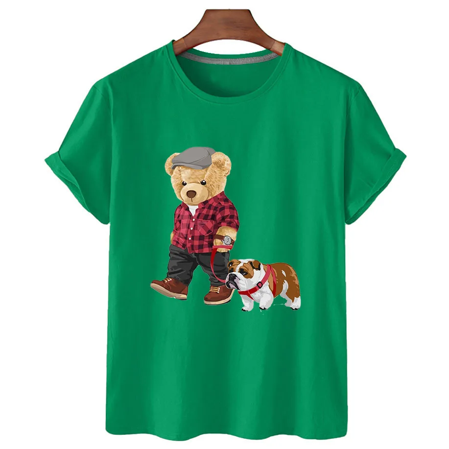 100% Cotton Dog Walking Bear Short Sleeve T-Shirt Women's Summer 2022 Women's Casual T-Shirt Unisex Short Sleeve T-Shirt S-4XL