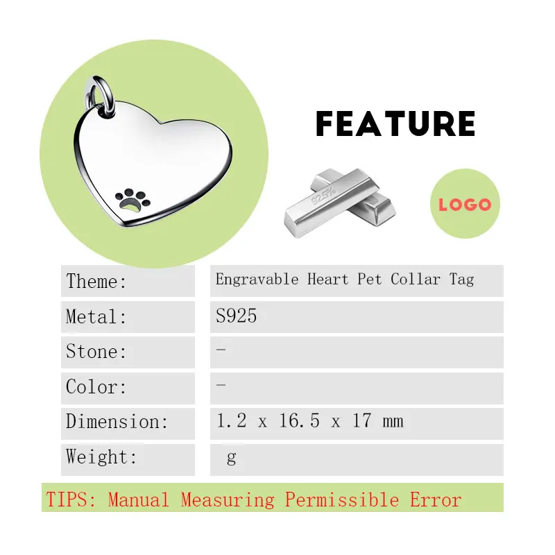Engravable Heart Pet Dog Collar Tag Charms For Women Paw Print 925 Sterling Silver Original Fine Jewelry Making DIY Bracelets