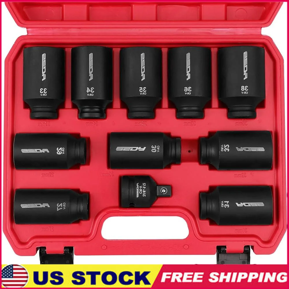 1/2 Drive Deep Impact Socket Set 11-Piece Metric Axle Nut Wrench Tool High Torque Durable Chrome Molybdenum Steel Storage