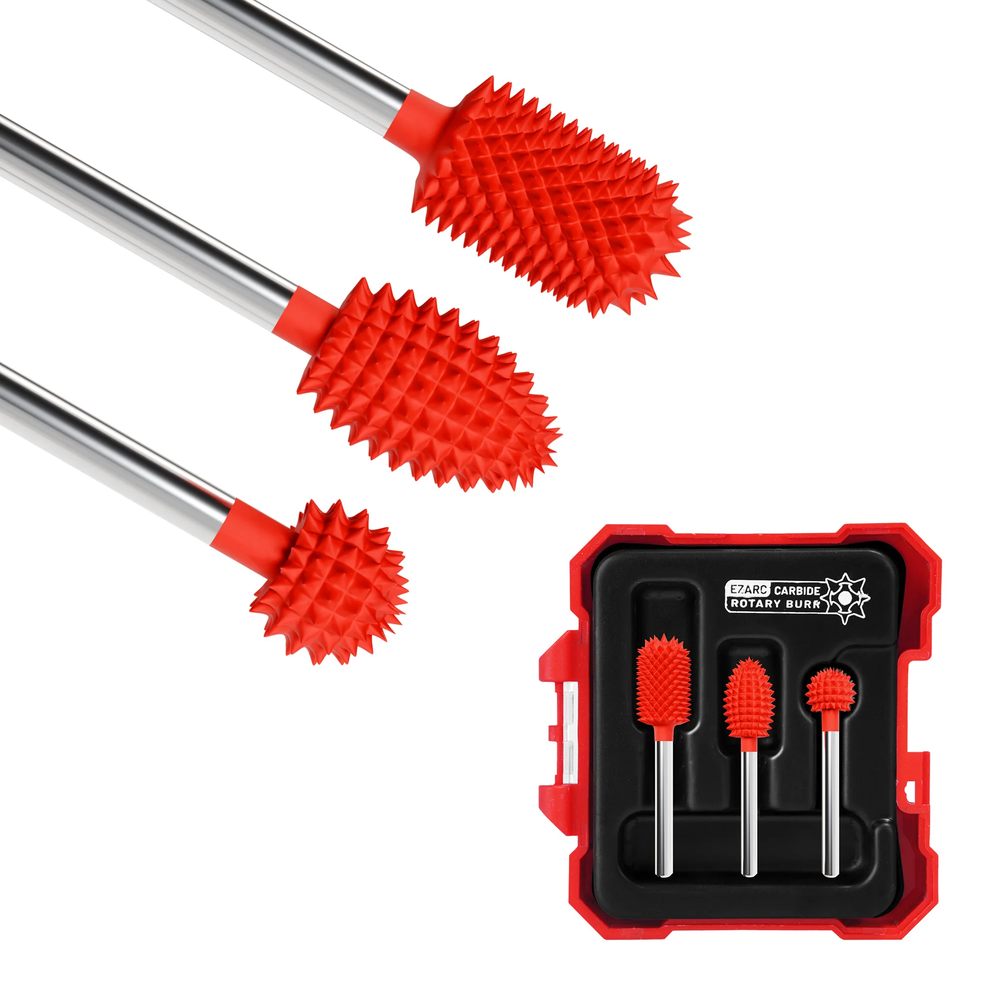 EZARC 3PC Tungsten Carbide Rotary Burr Kit 1/8’’ Shaft Wood Carving Bit Coarse Engraving Material Removal Tool with Storage Case