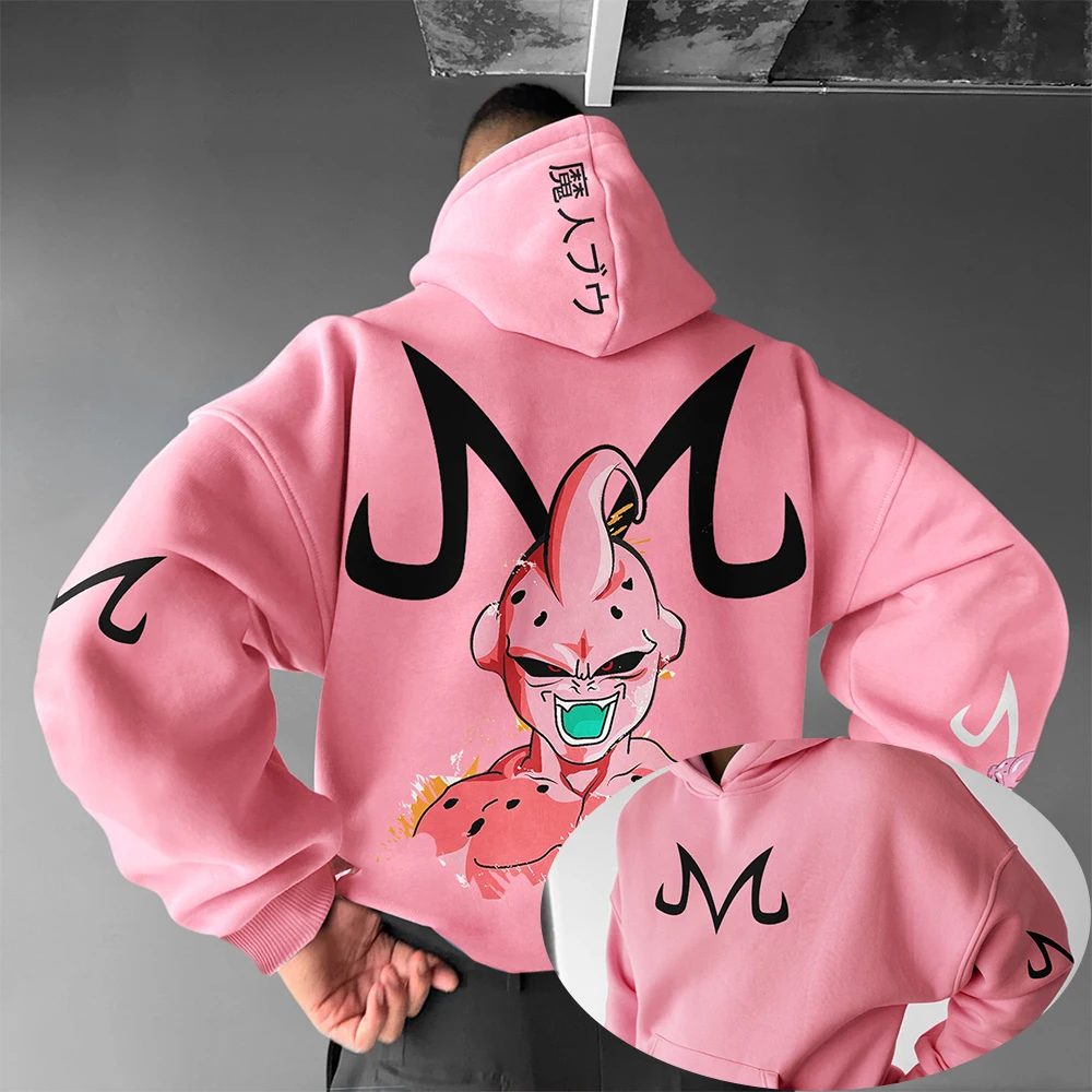 سويت شيرت Dragon Ball Z Majin Buu Pink Hoodie للرجال ملابس الشارع الشهير مع بلوفر كاجوال مطبوع ياباني لمحبي الموضة