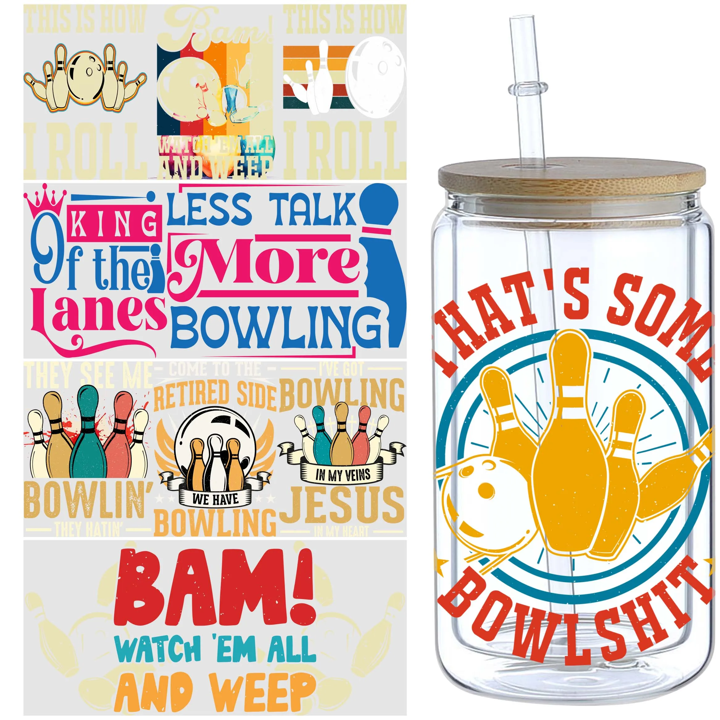 

5 Sheet Bowling UV DTF Cup Stickers, Glass Sports DTF Transfer Stickers, Waterproof Wipe Transfer Paper for 16 oz Glass, Mugs