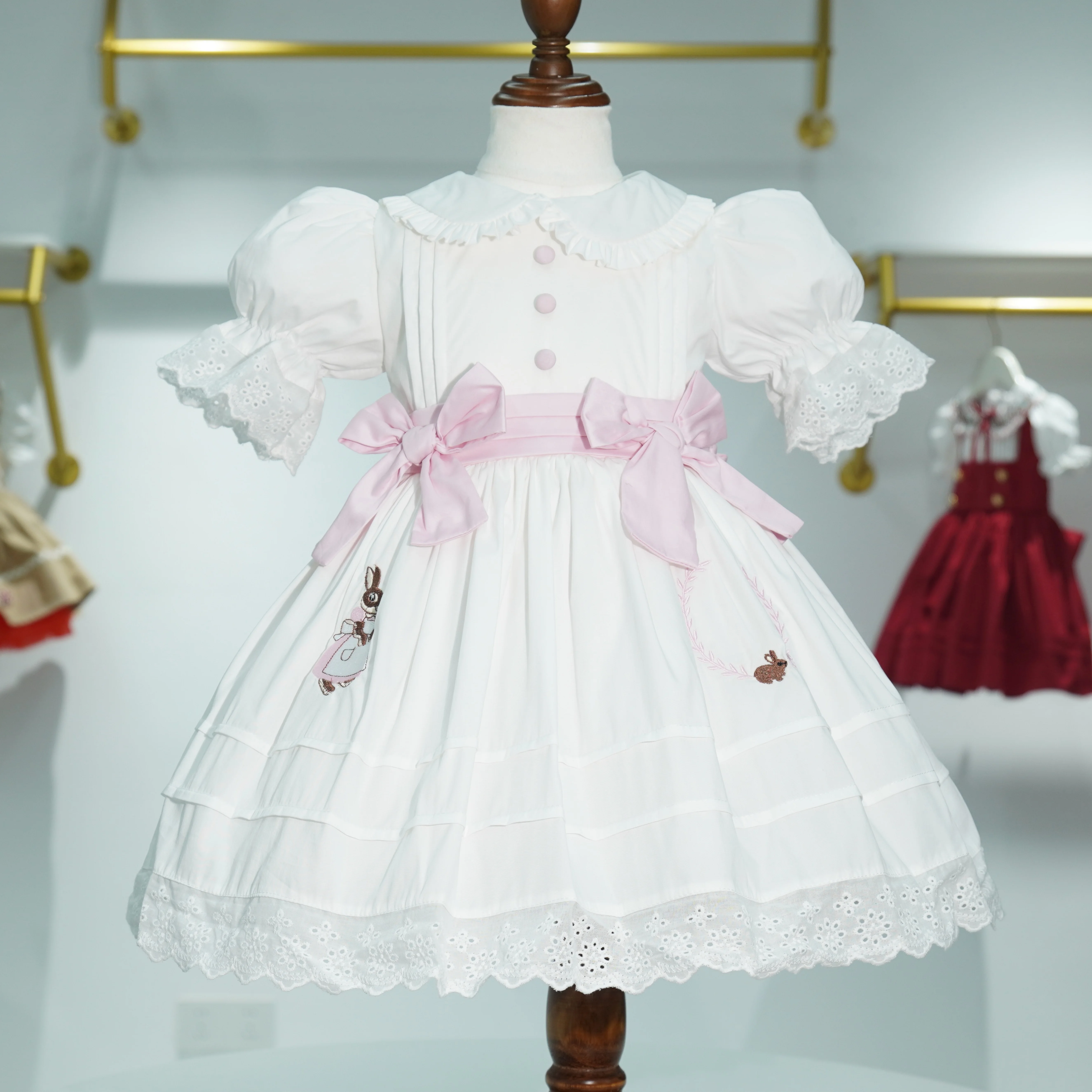 0-12Y Baby Girl Summer White Rabbit Embroidery Turkish Vintage Princess Dress for Birthday Holiday Easter Photography Eid  B223