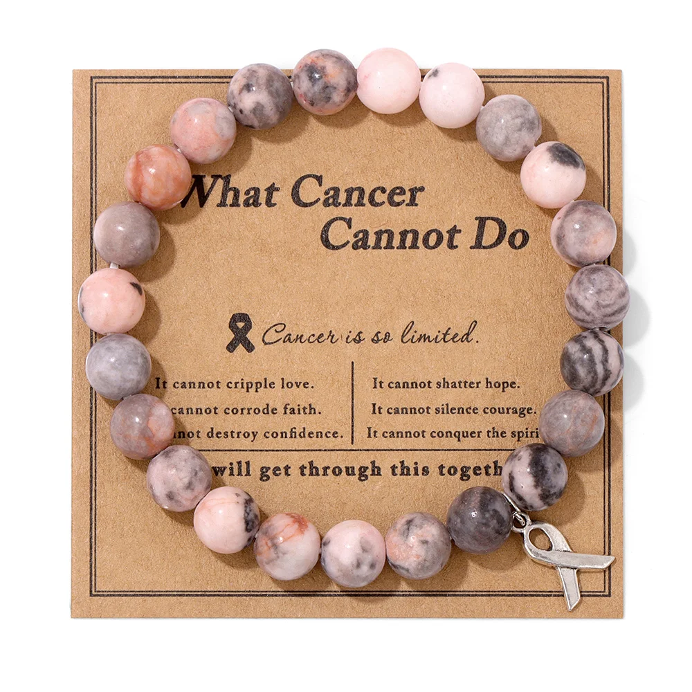 Breast Cancer Awareness Bracelet Natural Stone Crystal Beads Pink Ribbon Charm Bracelets for Women Girls Energy Jewelry Gift