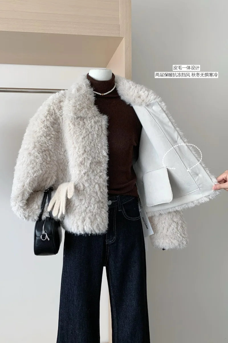 الكورية أزياء الشتاء الجديدة النساء قمم سترة فو الفراء التلبيب طوق طويلة الأكمام واحدة الصدر معاطف قصيرة السترات الإناث