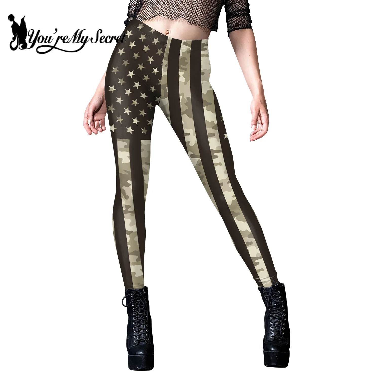 [You\'re My Secret] Women Pants Gym Camouflage flag Stripes Printed Stretchy High Waist Athletic Exercise Fitness Leggings