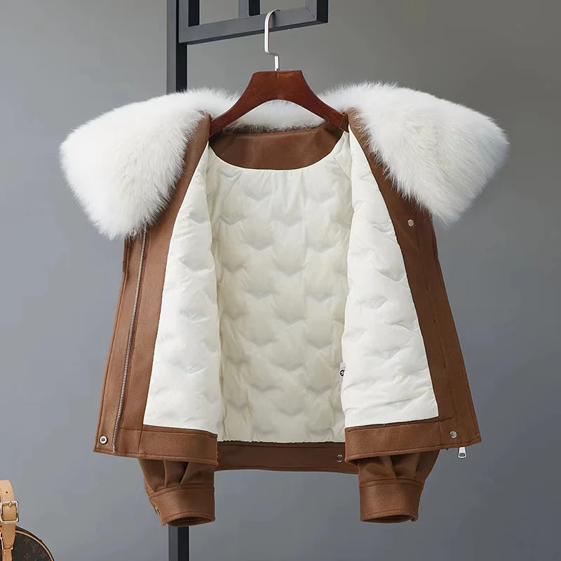 Chaquetas de plumón con cuello de piel de zorro Real para mujer, abrigo de pato blanco, Parkas cortas cálidas con cremallera, chaqueta acolchada