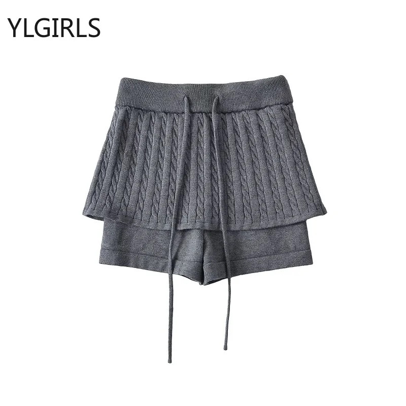 Fake Two-piece Solid Color All Match Knitted A-line Skirt Women 2024 Autumn New High Waist Drawstring Sexy Slim Mini Skirt