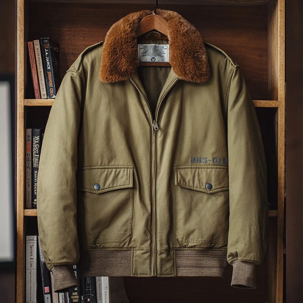 Pop Maden Vintage B10 Bomber Jacket Zippered Cotton Flight Coat With Fur Collar Lapel Pockets Green Cotton Jacket For Men's Wint