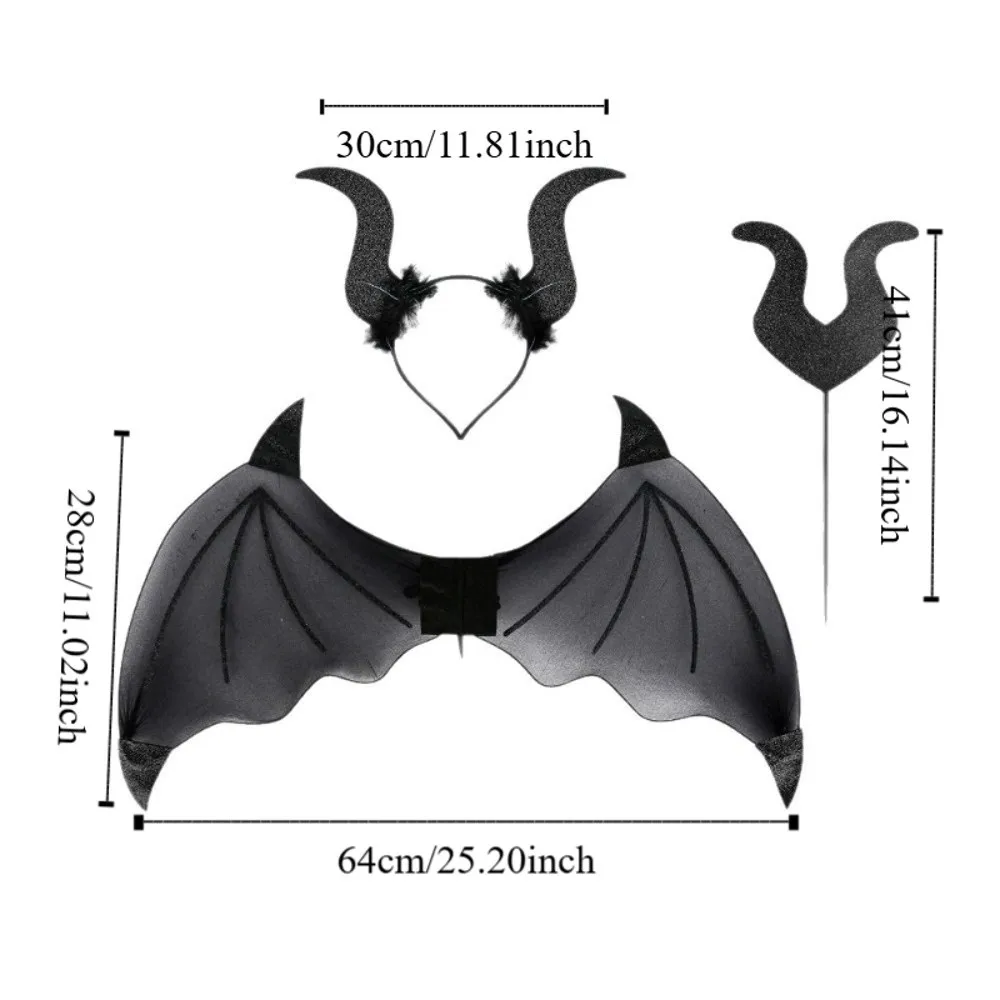 3Pcs/Set Funny Halloween Cosplay Props Bat Wings with Tail Demon Horn Hair Band Halloween Costume Accessories Wand Party