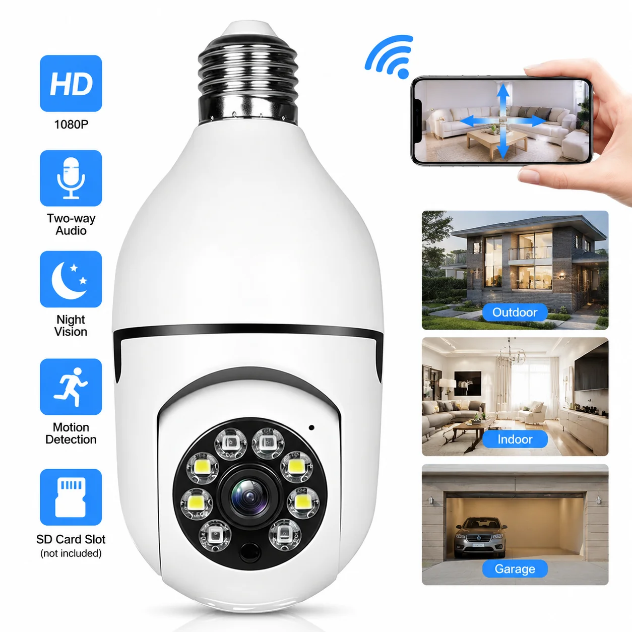 1080P WiFi Smart Bulb Security Camera E27 Light Socket IP Camera – HD Night Vision, Motion Detection, Two-Way Audio, Remote View