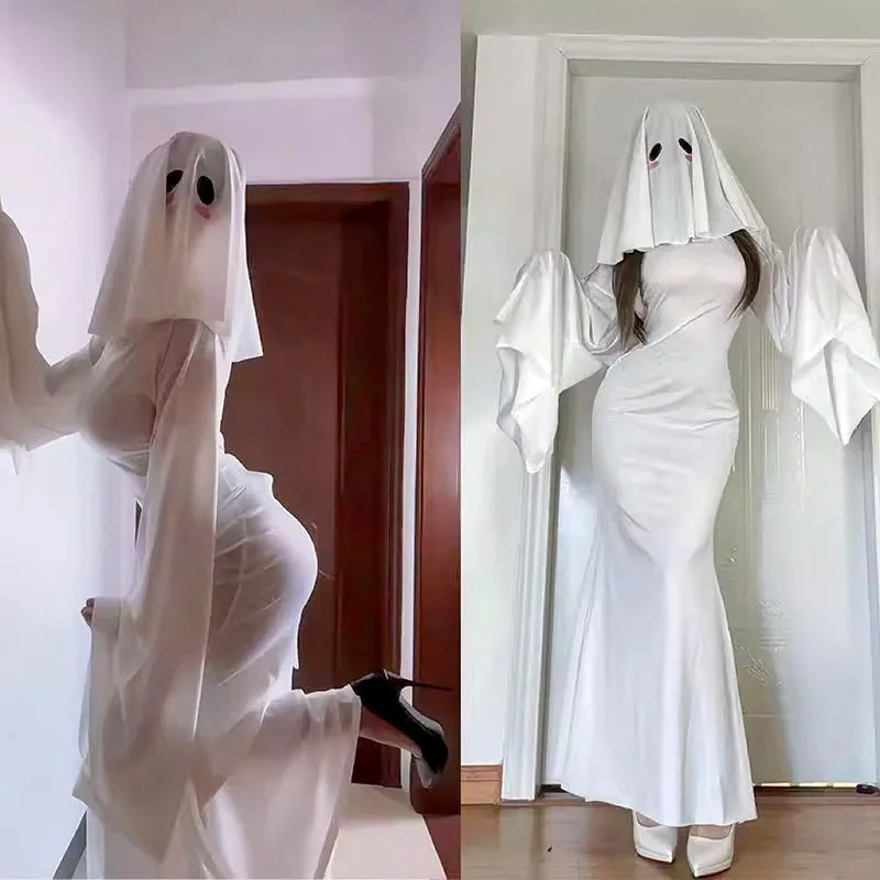 2024 Nowy kostium na Halloween Female Ghost Cosplay Costume Halloween Scare Face Cape Scream Costume Adult Fancy Dresses Christmas Party Set