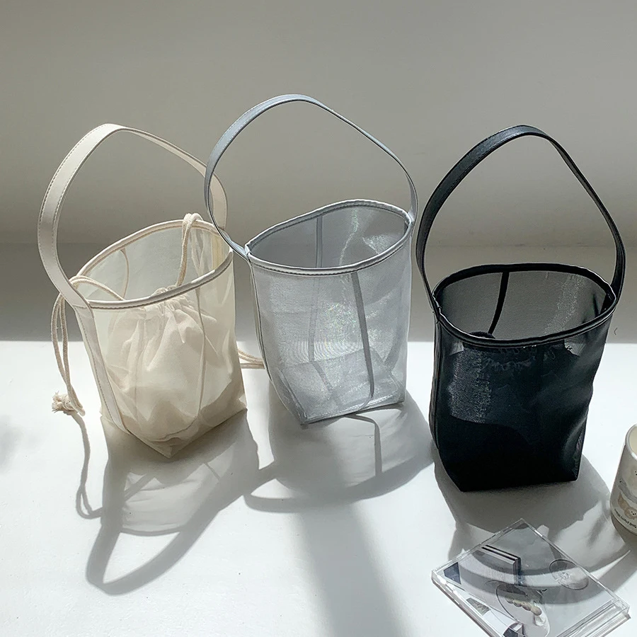 Korean Edition Mesh Transparent Hollow Large Capacity Bucket Bag Women's Summer New Style Leisure Versatile One Shoulder Bag