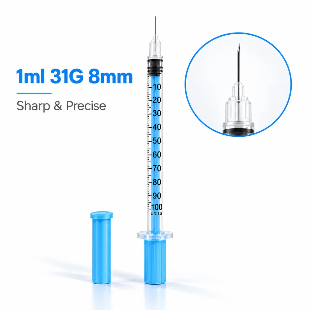Blue 1ml Insulin Syringe 31G X 8mm U-100 Syringe with Needle Sterile Individually Wrapped Disposable Injection Syringes 100pcs