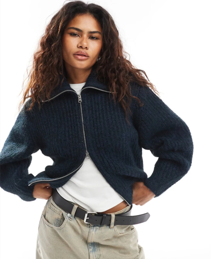 

YY9037 Autumn/Winter 25 New Women's Clothing American Retro Zipper High Collar Sweater cardigan Loose Thick Knitted Coat