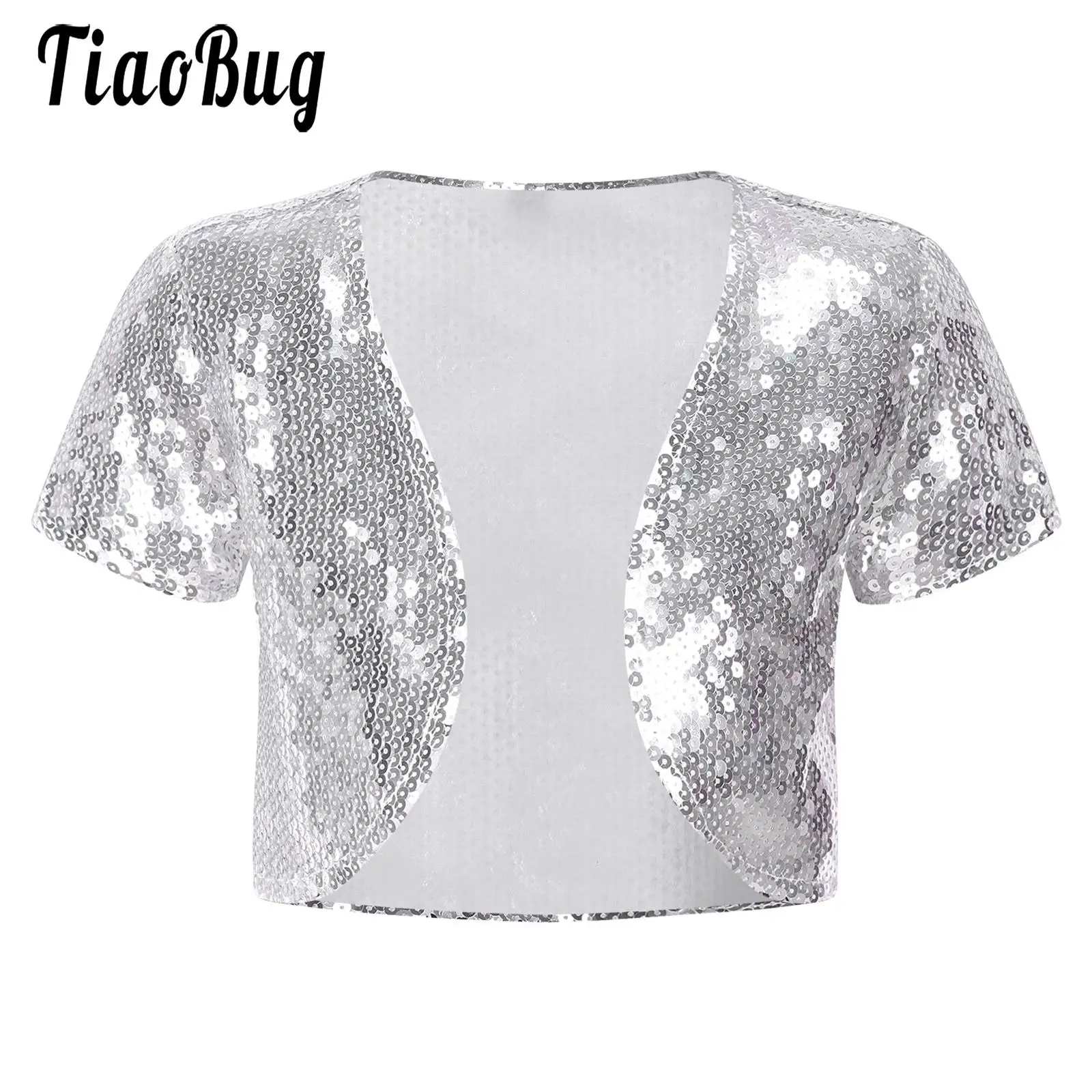 Children Girls Sequins Bolero Cardigans Glitter Short Jacket Kids Short Sleeve Open Front Crop Outerwear for Dance Party Wedding