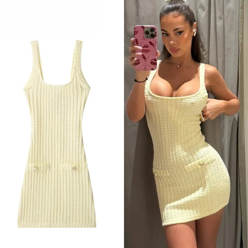 

Knitted Short Dresses for Women Bodycon Mini Dress Woman Backless Beach Dress Women Sleeveless Women's Summer Dress