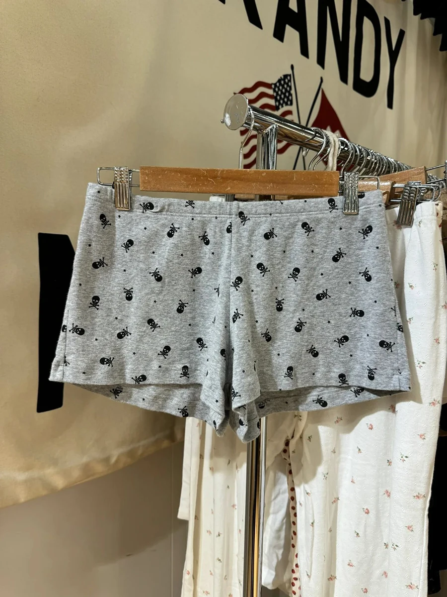 

New Skull Print Straight Short Pant Woman Summer Elastic High Waist Cotton Sweatshorts Cute Chic Cozy Shorts Home Underwear Y2k