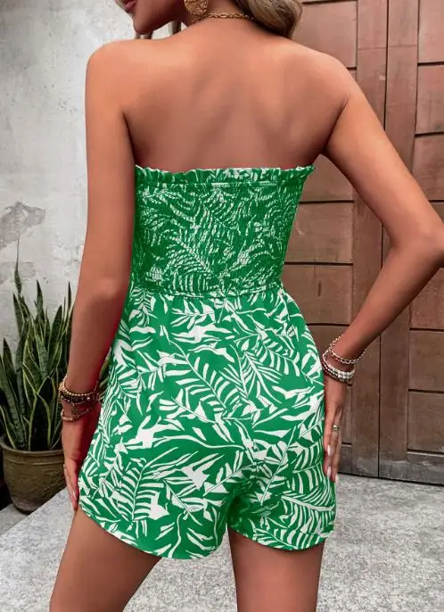 New Vacation Jumpsuit Shorts with Summer Drawstring Print and Sleeveless Strapless Jumpsuit