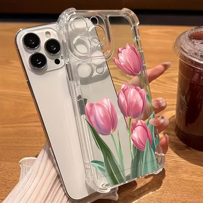 Capa de celular transparente com design de flor de tulipa rosa, compatível com iPhone 17, 16, 15, 14, 13, 12, 11 Pro Max, celular barato