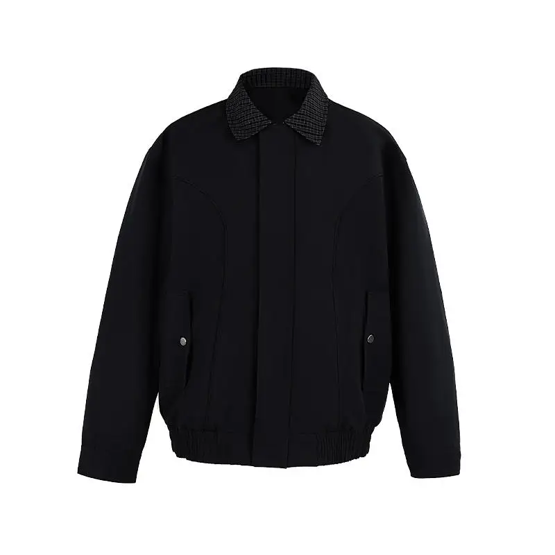 American Retro Contrast Collar Black Jacket Men's Casual Loose Streetwear Fashion Turn Down Collar Bomber Coat for Men