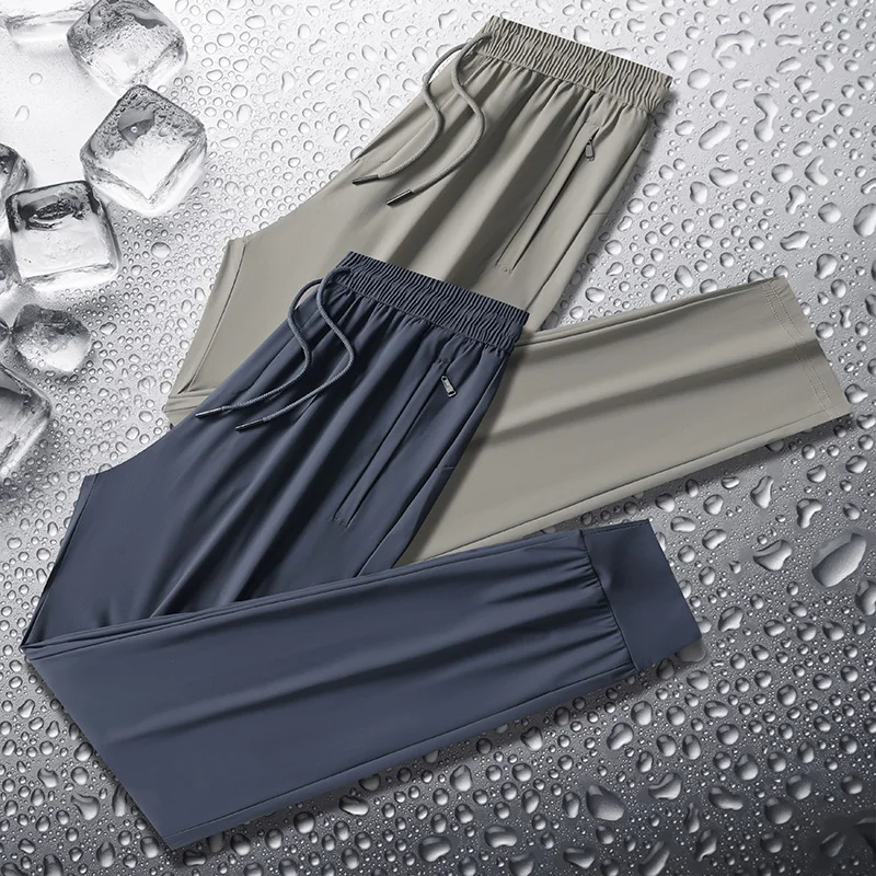 

M-8XL Men Summer Thin Ice Silk Pants Loose Style Workwear Casual Quick Dry Sports Pants Long Breathable High Elasticity