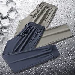 M-8XL Men Summer Thin Ice Silk Pants Loose Style Workwear Casual Quick Dry Sports Pants Long Breathable High Elasticity