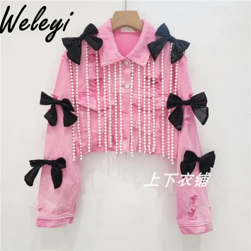 Sweet Girl Pink Ripped Pearl Tassel Butterfly Short Denim Coat Women Autumn Cool Loose Crop Jean Jacket Women Jaqueta Feminina