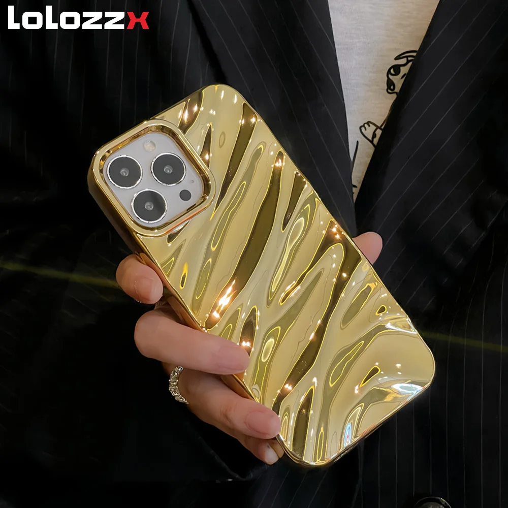 Luxury Gold Plating Water Ripple Phone Case For iPhone 16 14 15 Plus 13 12 11 Pro Max Plain Glossy Shockproof Protector Cover