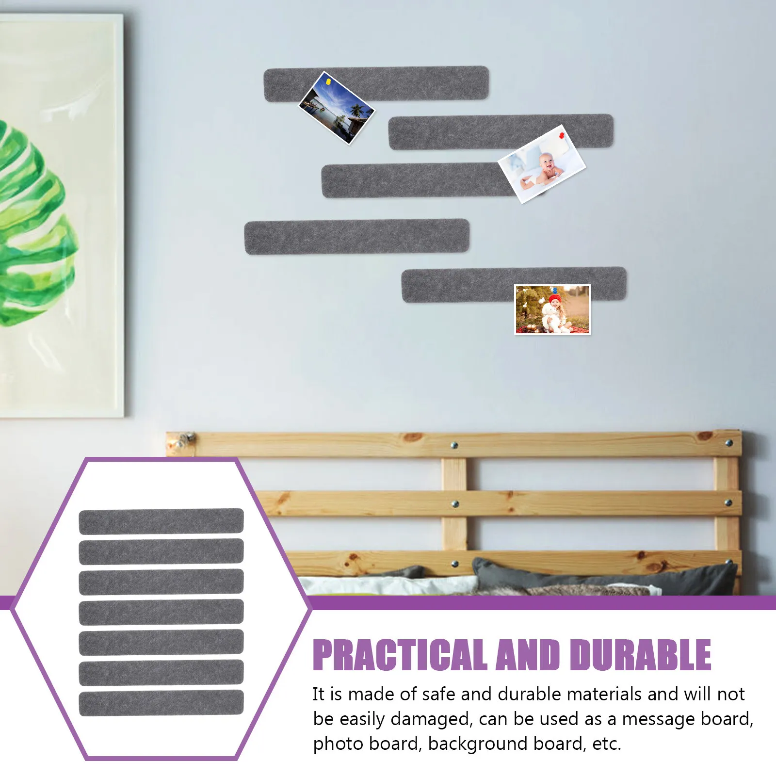 8Pcs Bulletin Board Felt Bar Strips Adhesive Memo Strips for Office Home School Pin Board Display Pushpins Set