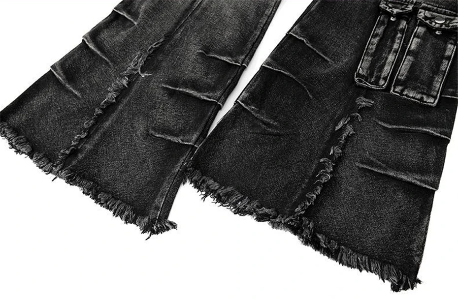Pockets Raw Edge Jeans Mens Streetwear Punk Y2k Flare Pants Harajuku Baggy Casual Hip Hop Black Denim Trousers Unisex