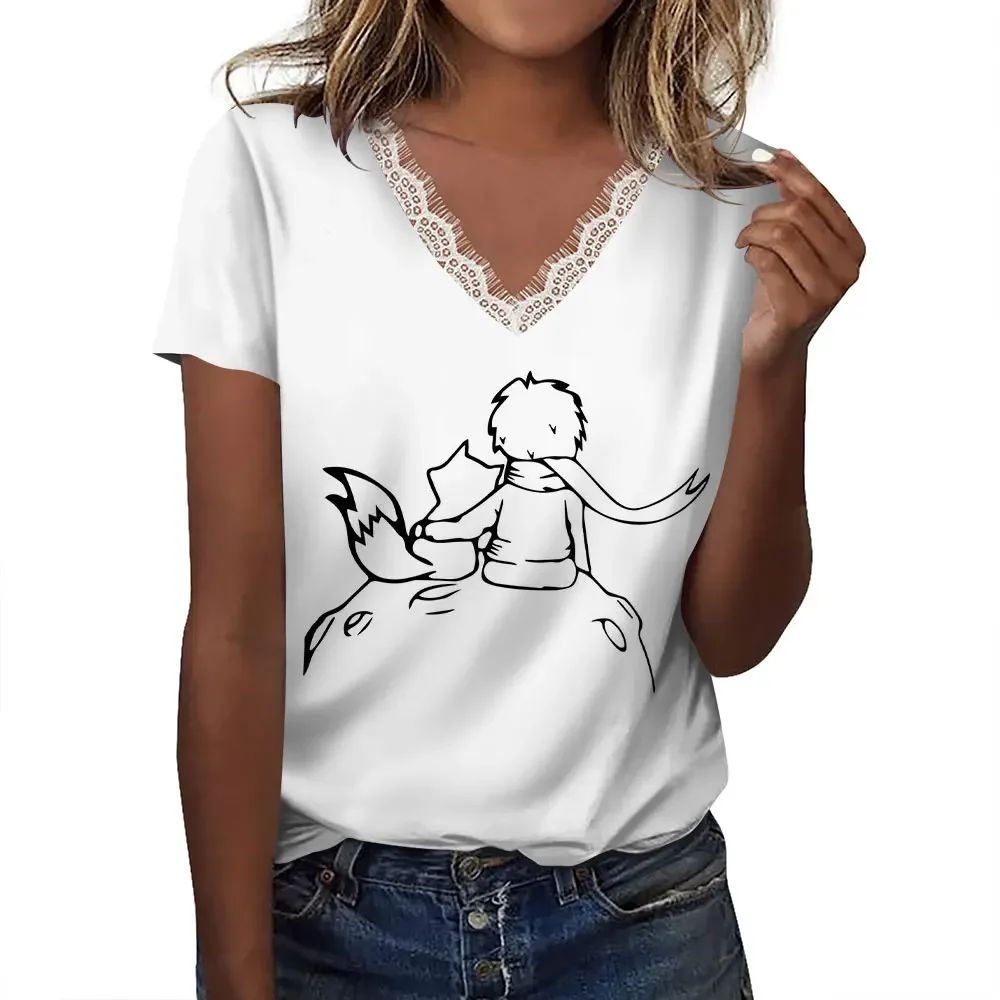 Elegant ladies lace neckline cartoon 3D printed Little Prince V-neck short sleeve loose T-shirt shirt jumper Streetwear Everyday