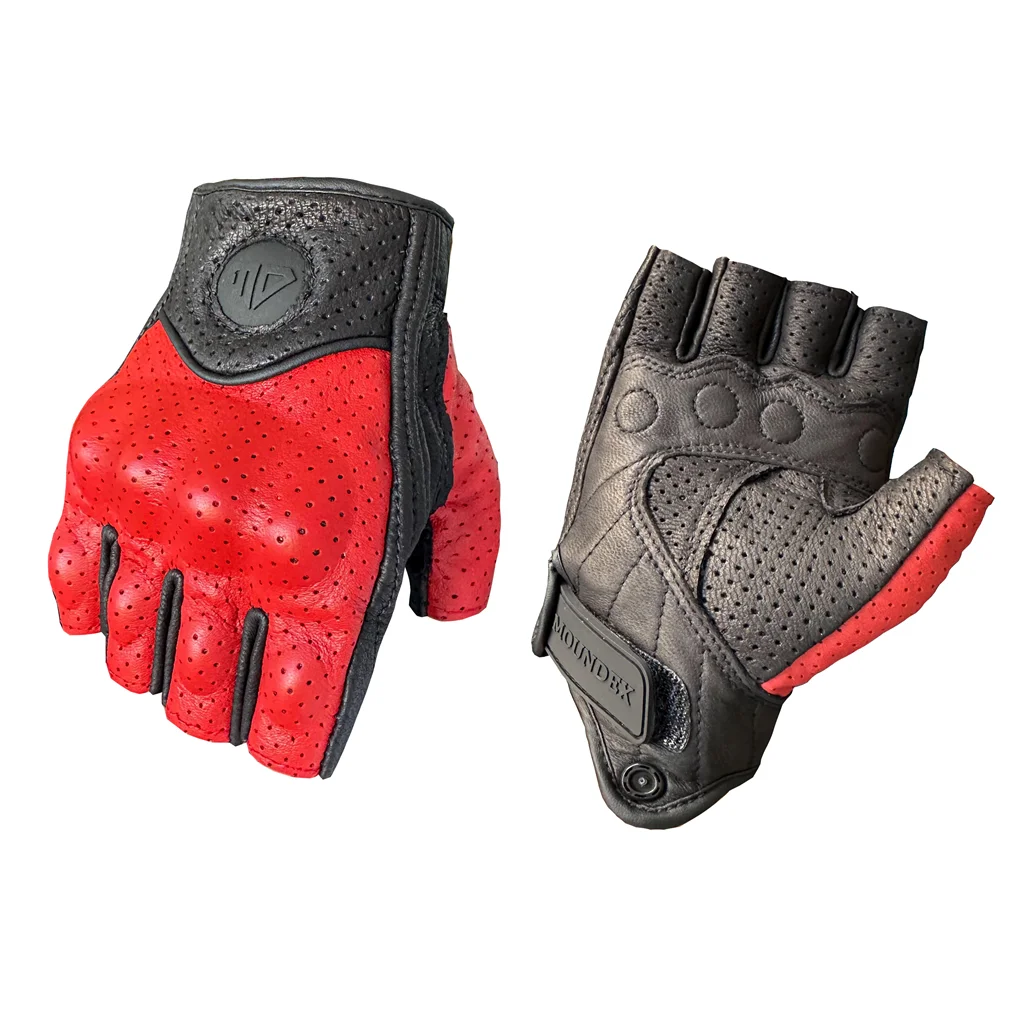 Leather Motorcycle Gloves Breathable Motocross Riding Gloves Moto Sports Racing All Season Guantes Red Half Finger Luva Motor