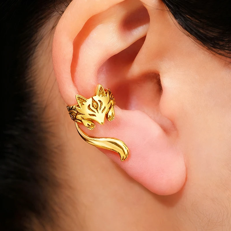 Huitan Vintage Fuchsförmige Ohrmanschetten-Ohrringe für Frauen, antike Silberfarbe, kreative Clip-Ohrringe, tägliches Tragen, vielseitiger Schmuck – Detail 16