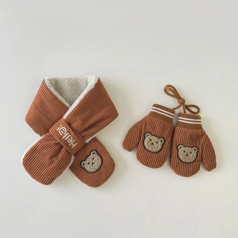 Corduroy Children Scarf Gloves Set for Boys Girls Cute Plus Velvet Cross Scarf Thicken Kids Mitten Winter Warm Baby Accessories