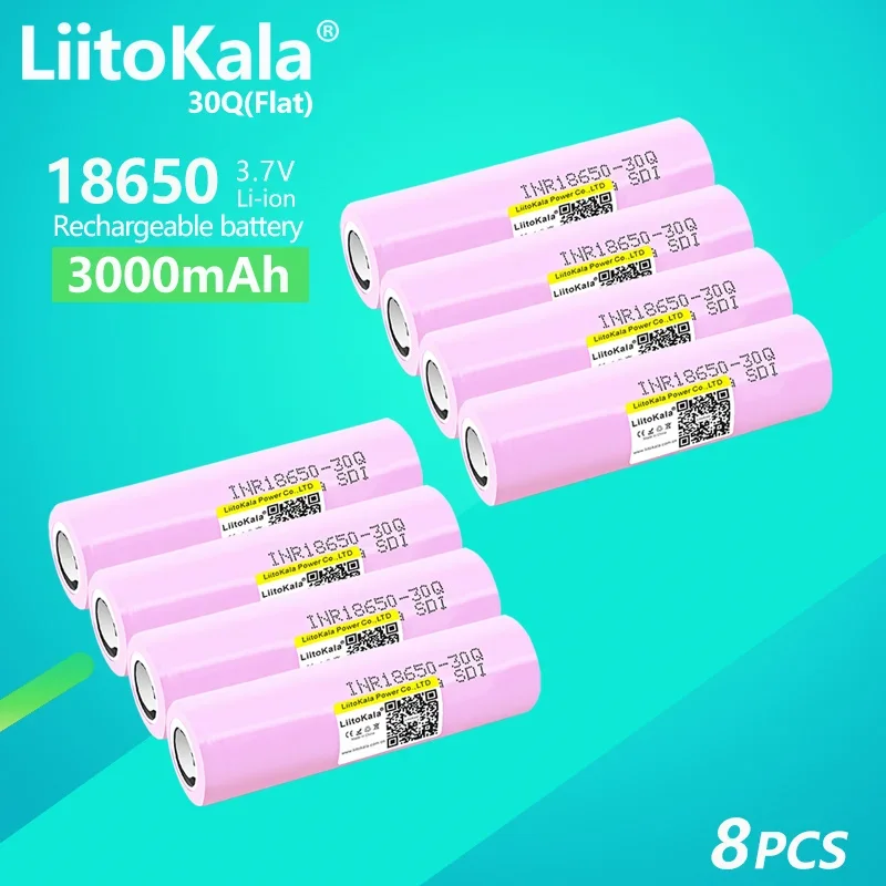 

8PCS LiitoKala 30Q 3000mah 3.7V 18650 Battery for INR18650 30Q 20A Rechargeable Lithium Battery for E-cigarate Flashligh