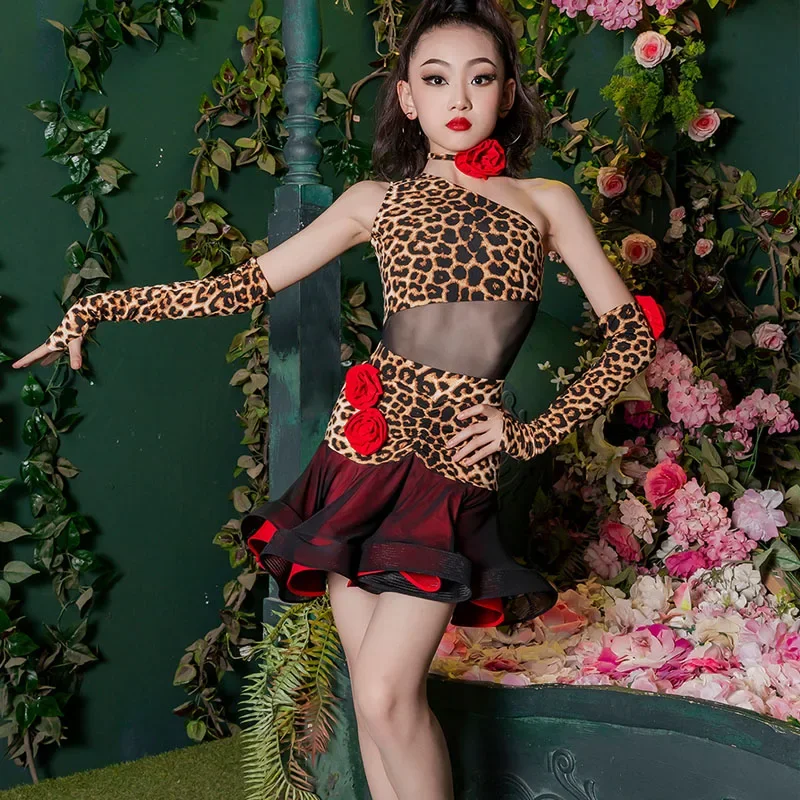 Summer new children\'s network red Latin children practice performance leopard print performance dress girls practice training dr