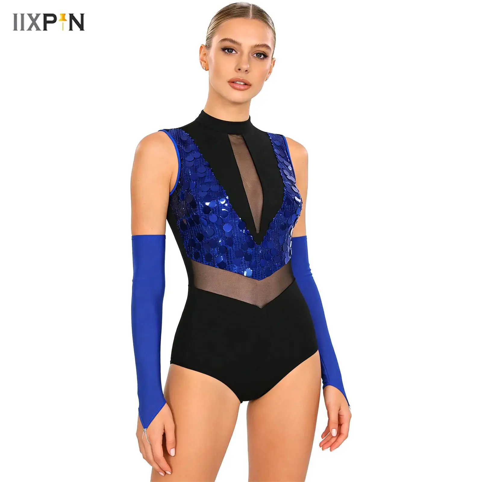 Women Jazz Latin Leotard Gymnastics Dance Performance Outfit Sleeveless Mesh Waist Cutout Sparkling Sequins Bodysuit with Gloves
