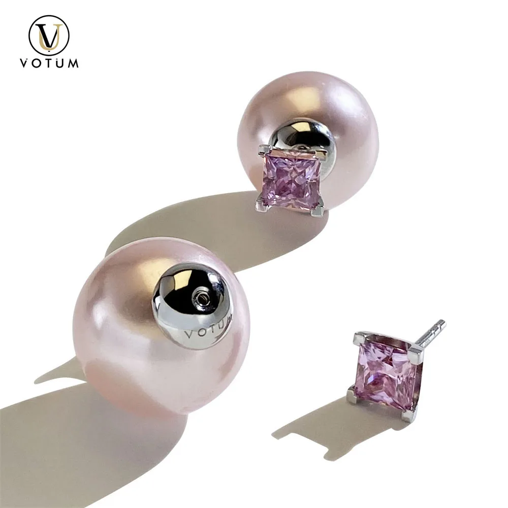 

Votum 1ct Pink Princess Cut Moissanite 925 Silver Earring Stud for Women Large Pearl Earrings Bridal Luxury Gift Fine Jewelry