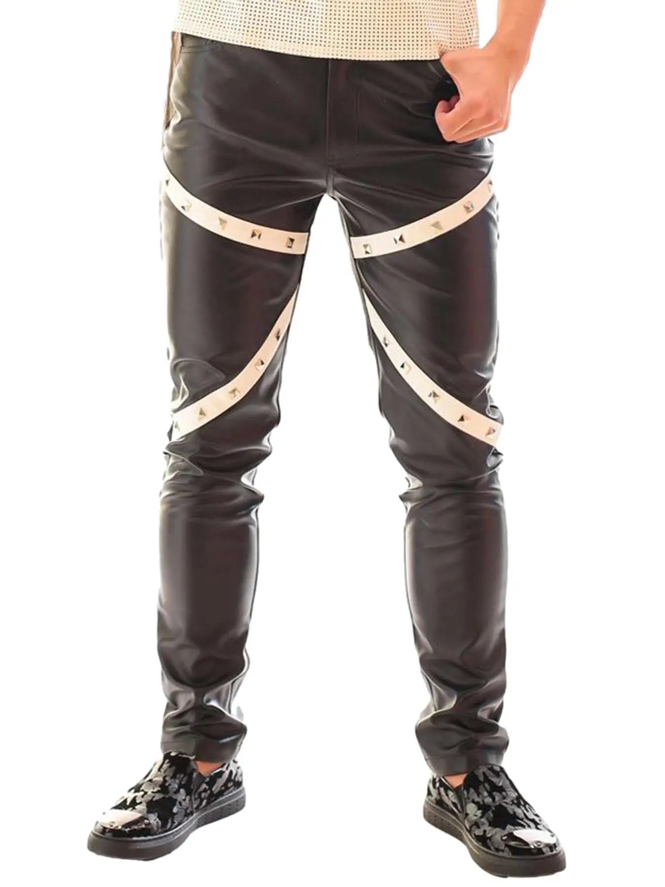 

Men's Gothic Rock Punk Biker Slim Faux PU Leather Patchwork Dance Party Studded Night Club Stretch Leisure Pants Trousers