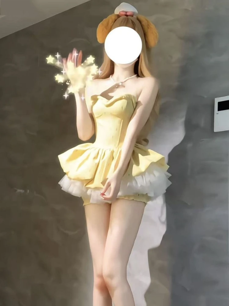 Conjunto de 2 piezas ajustado con hombros descubiertos de Francia, diseño elegante para mujer, vestidos cortos de retazos amarillos cálidos, traje para mujer, trajes cálidos Kawaii